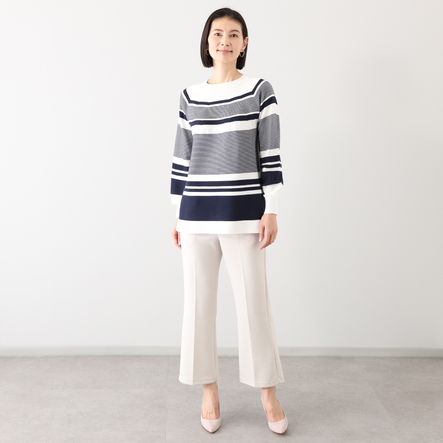 アール　アンド　エム フェルガーナ 日本製　立体編 ウズベキスタン産コットン 地柄ボーダー チュニックプルオーバー