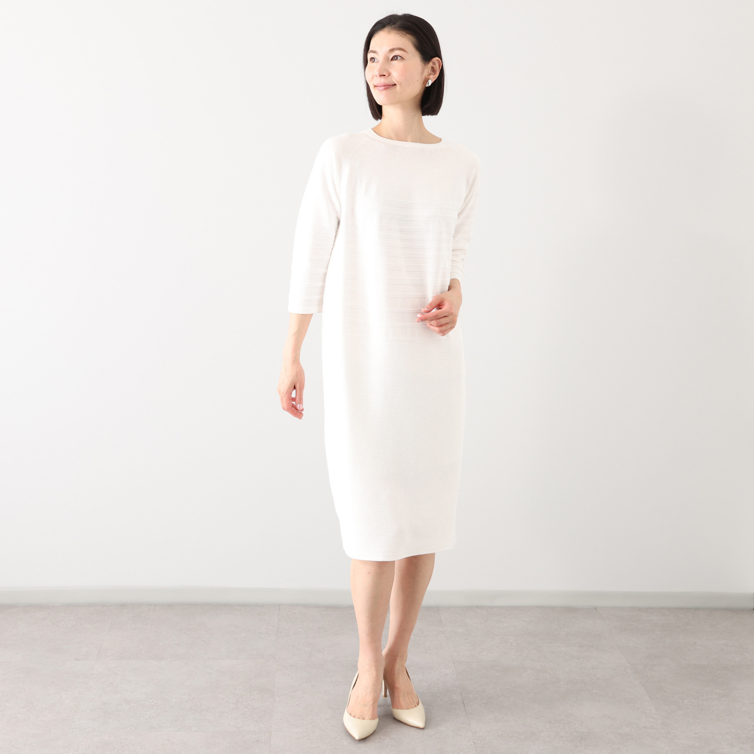 アール　アンド　エム フェルガーナ 日本製　立体編 ウズベキスタン産コットン 地柄ボーダー コクーンワンピース