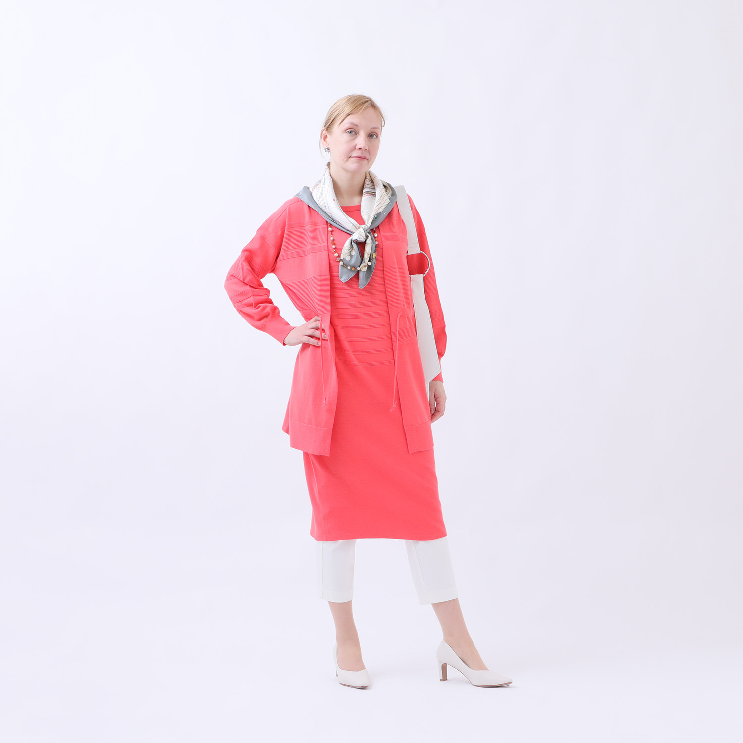 アール　アンド　エム フェルガーナ 日本製　立体編 ウズベキスタン産コットン 地柄ボーダー コクーンワンピース