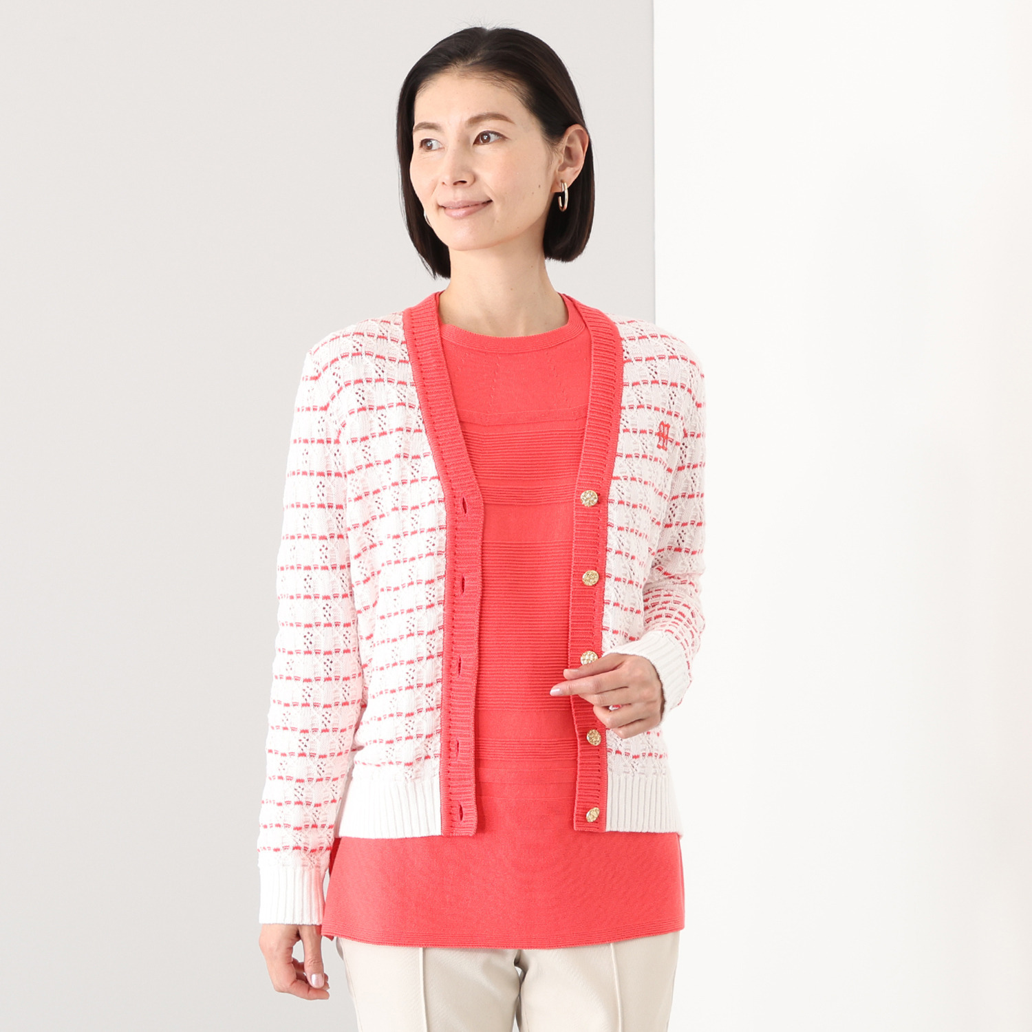 アール　アンド　エム フェルガーナ 日本製　ウズベキスタン産 コットン使用 ロゴ入りボーダー カーディガン