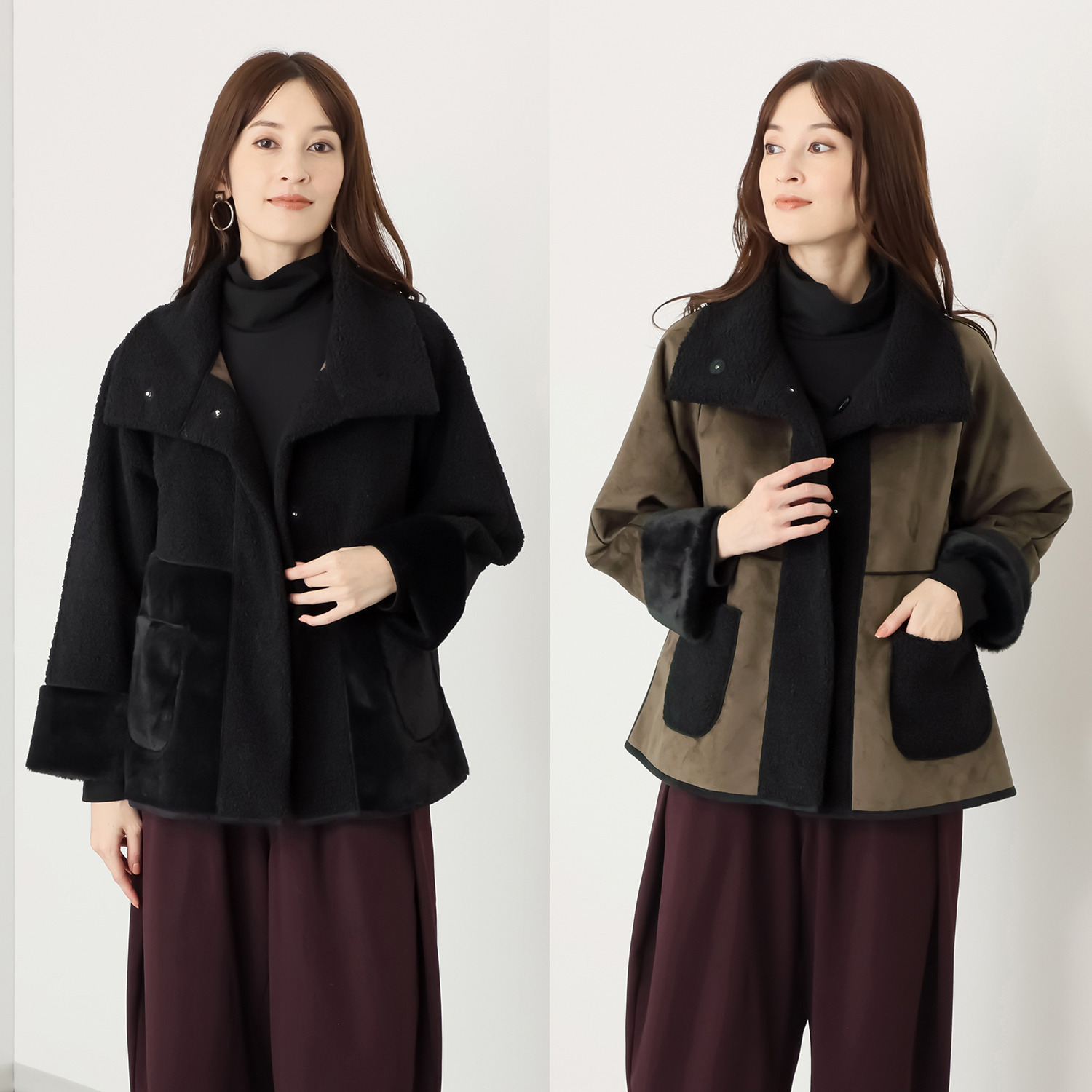 ヒロコ　デシネール ボア＆フェイクファー オフハイネック リバーシブル仕立て Ａラインジャケット