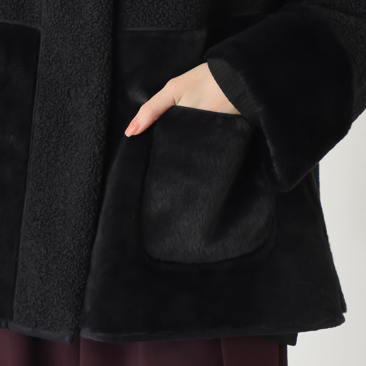 ヒロコ　デシネール ボア＆フェイクファー オフハイネック リバーシブル仕立て Ａラインジャケット