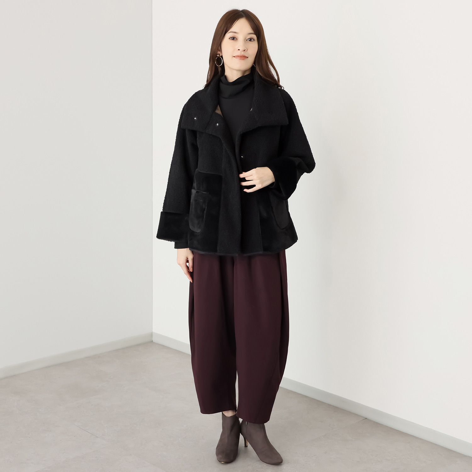 ヒロコ　デシネール ボア＆フェイクファー オフハイネック リバーシブル仕立て Ａラインジャケット