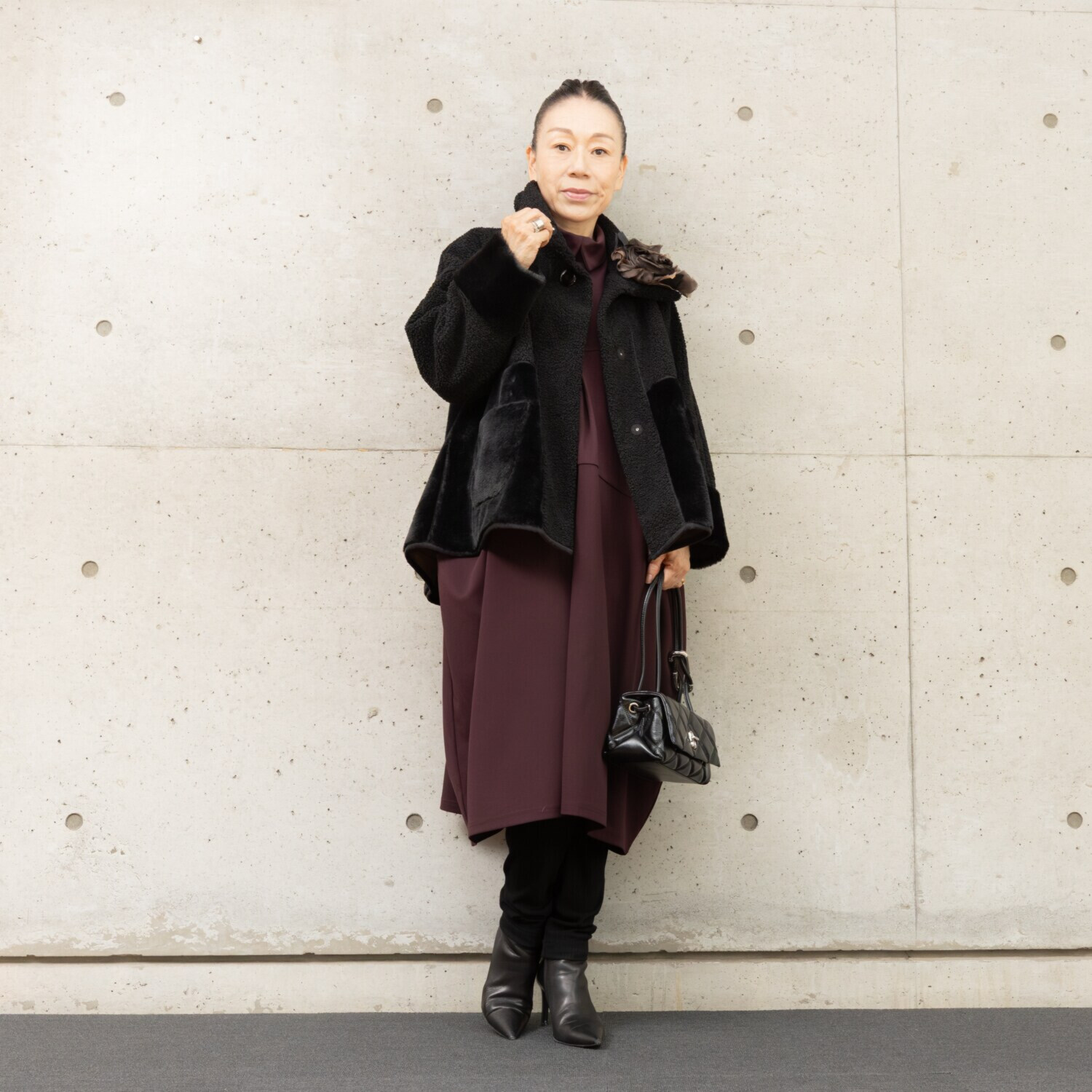 ヒロコ　デシネール ボア＆フェイクファー オフハイネック リバーシブル仕立て Ａラインジャケット