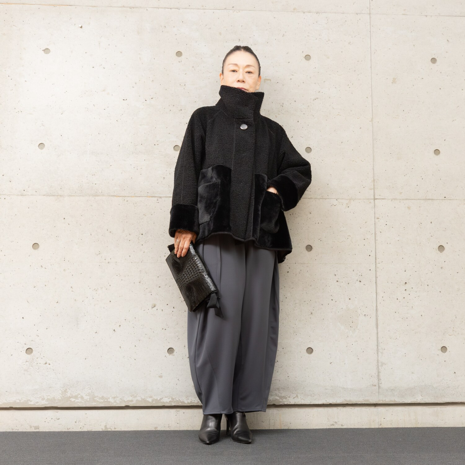 ヒロコ　デシネール ボア＆フェイクファー オフハイネック リバーシブル仕立て Ａラインジャケット