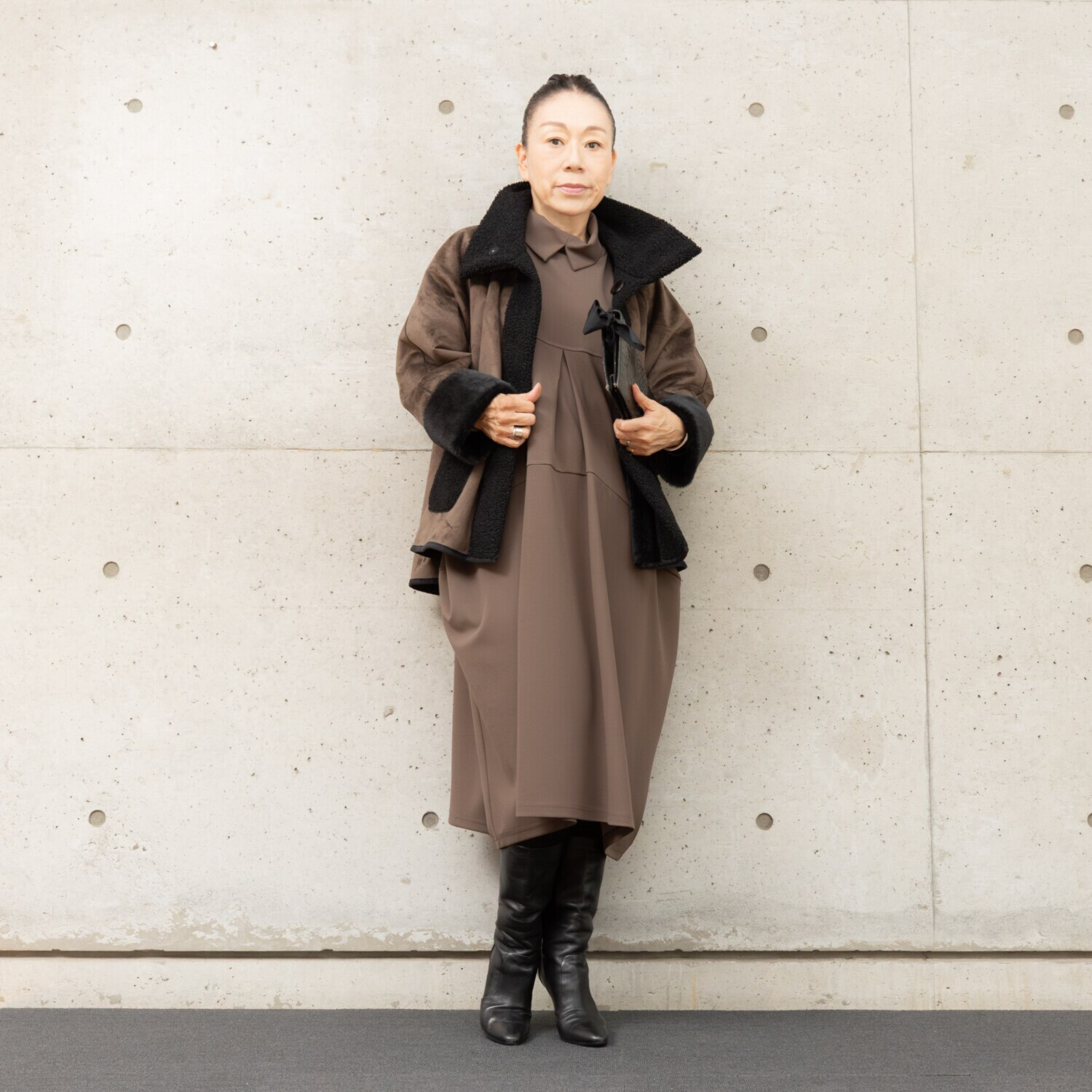 ヒロコ　デシネール ボア＆フェイクファー オフハイネック リバーシブル仕立て Ａラインジャケット