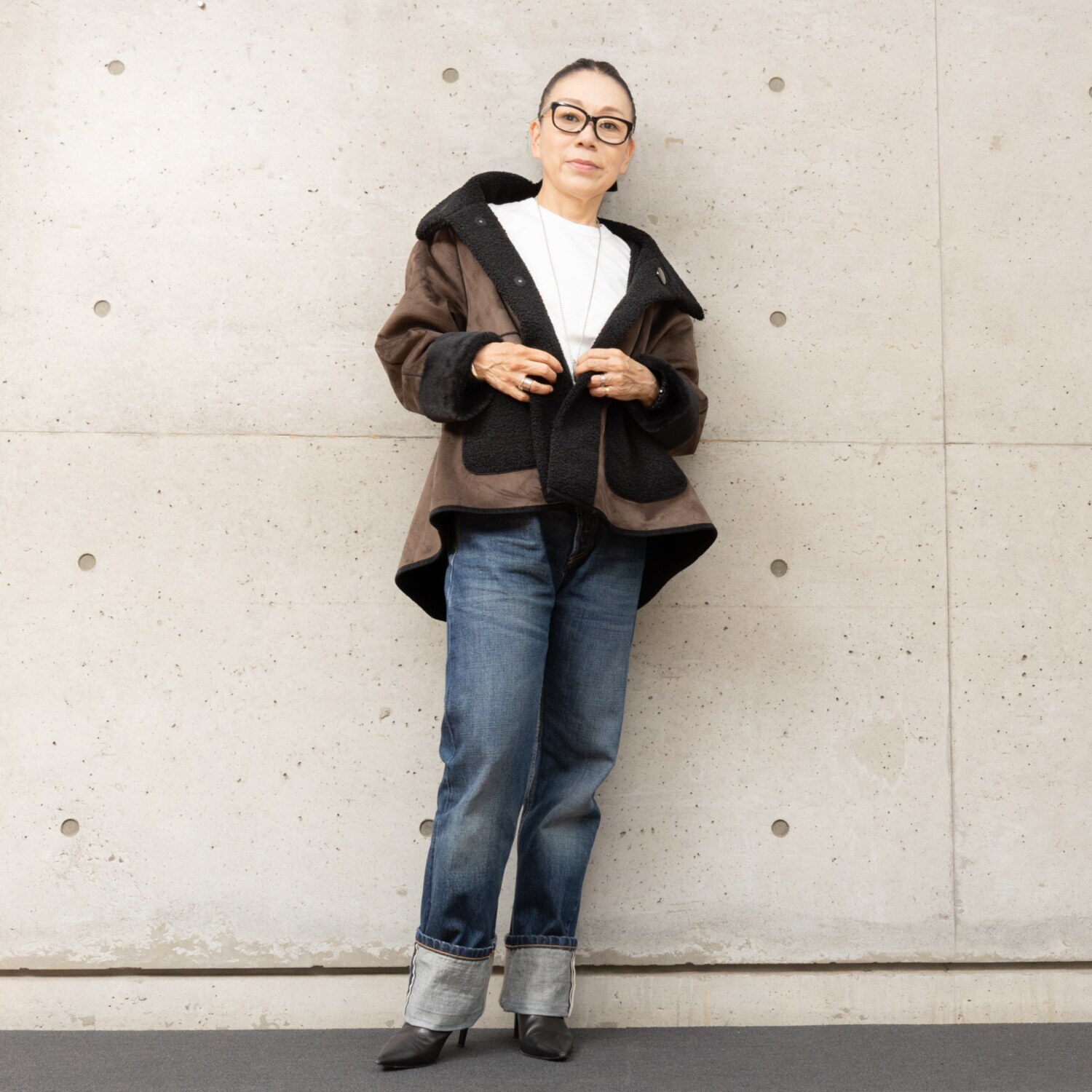 ヒロコ　デシネール ボア＆フェイクファー オフハイネック リバーシブル仕立て Ａラインジャケット