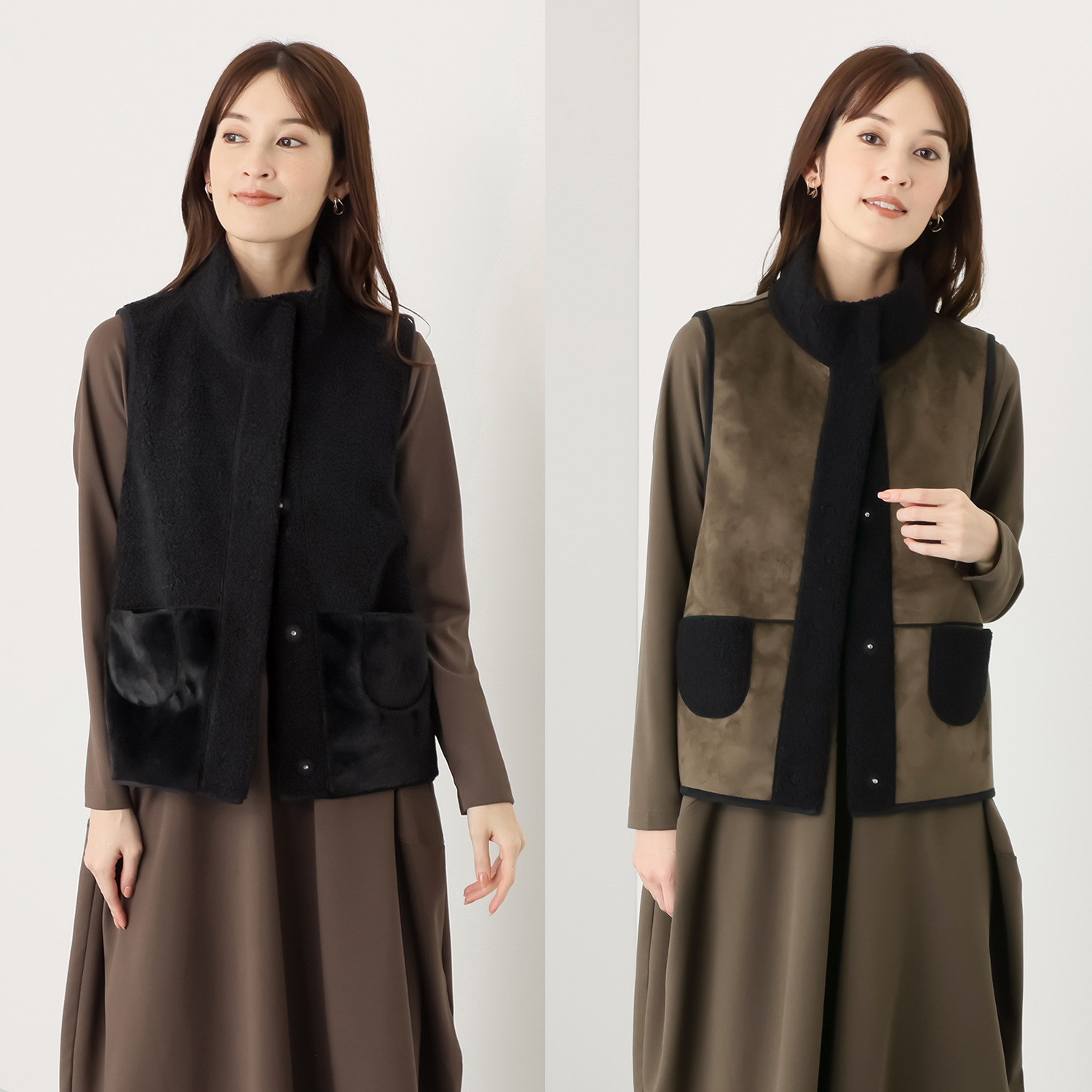 ヒロコ　デシネール ボア＆フェイクファー オフハイネック リバーシブル仕立て バレルシルエット ベスト