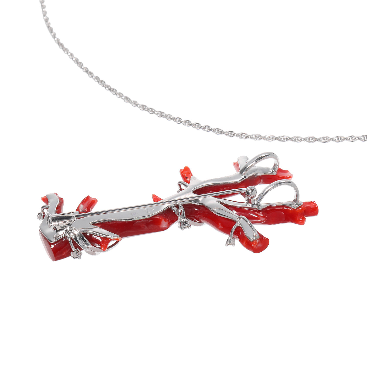 香瑚 プラチナ９００＆８５０ 高知県産血赤珊瑚＆ ダイヤモンド 枝ペンダントブローチ＆ チェーンネックレス