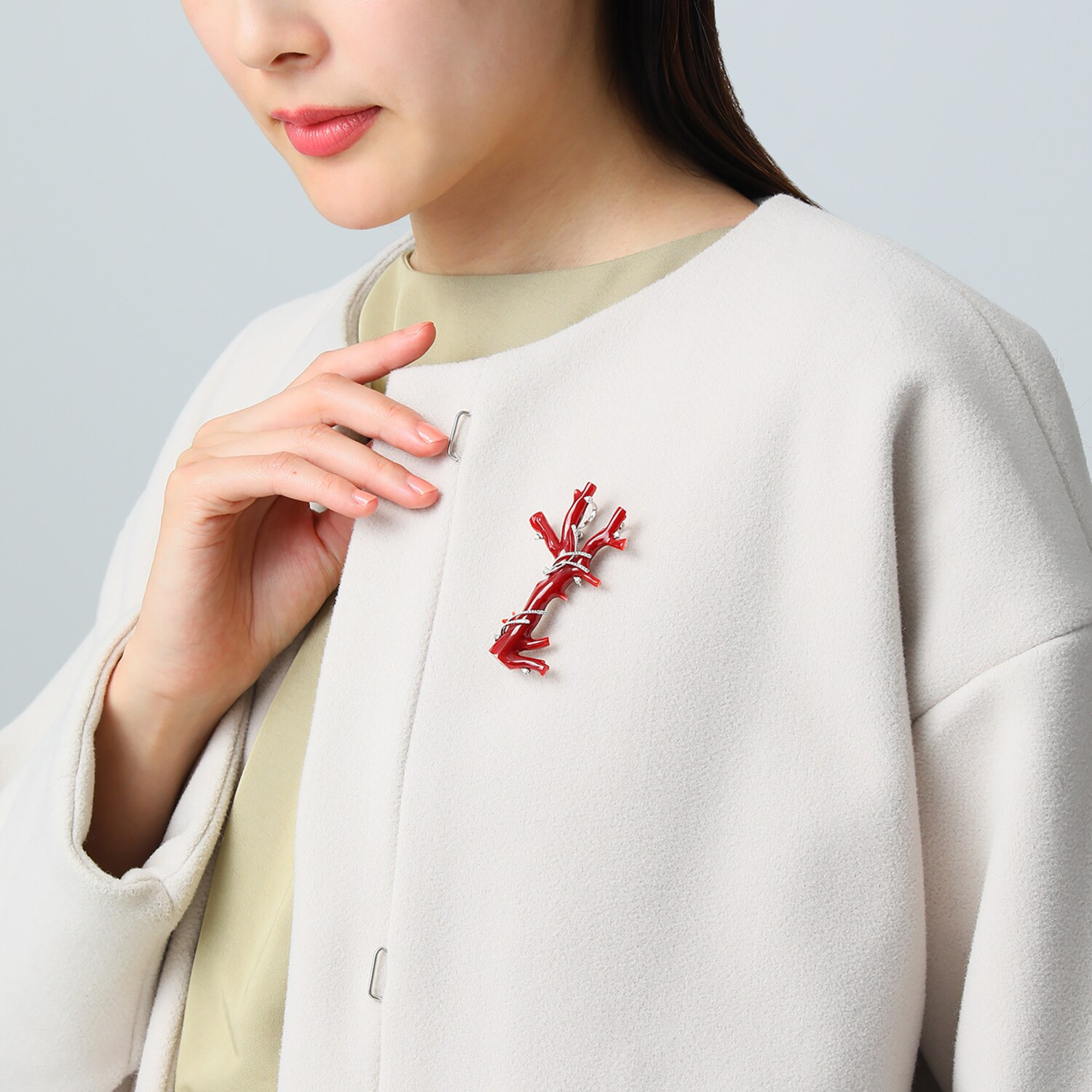 香瑚 プラチナ９００＆８５０ 高知県産血赤珊瑚＆ ダイヤモンド 枝ペンダントブローチ＆ チェーンネックレス