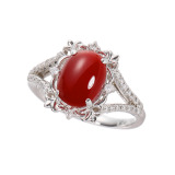 香瑚 プラチナ９００ ２カラットＵＰ 高知県産血赤珊瑚＆ ダイヤモンド オーバルリング