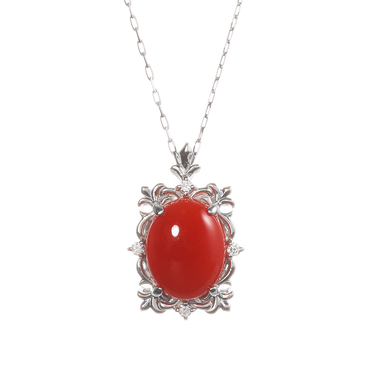 香瑚 プラチナ９００ ２カラットＵＰ 高知県産血赤珊瑚＆ ダイヤモンド オーバルペンダント