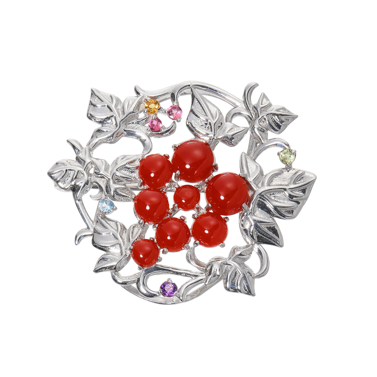 香瑚 シルバー 高知県産血赤珊瑚＆ マルチジェム ぶどうモティーフ ペンダントブローチ