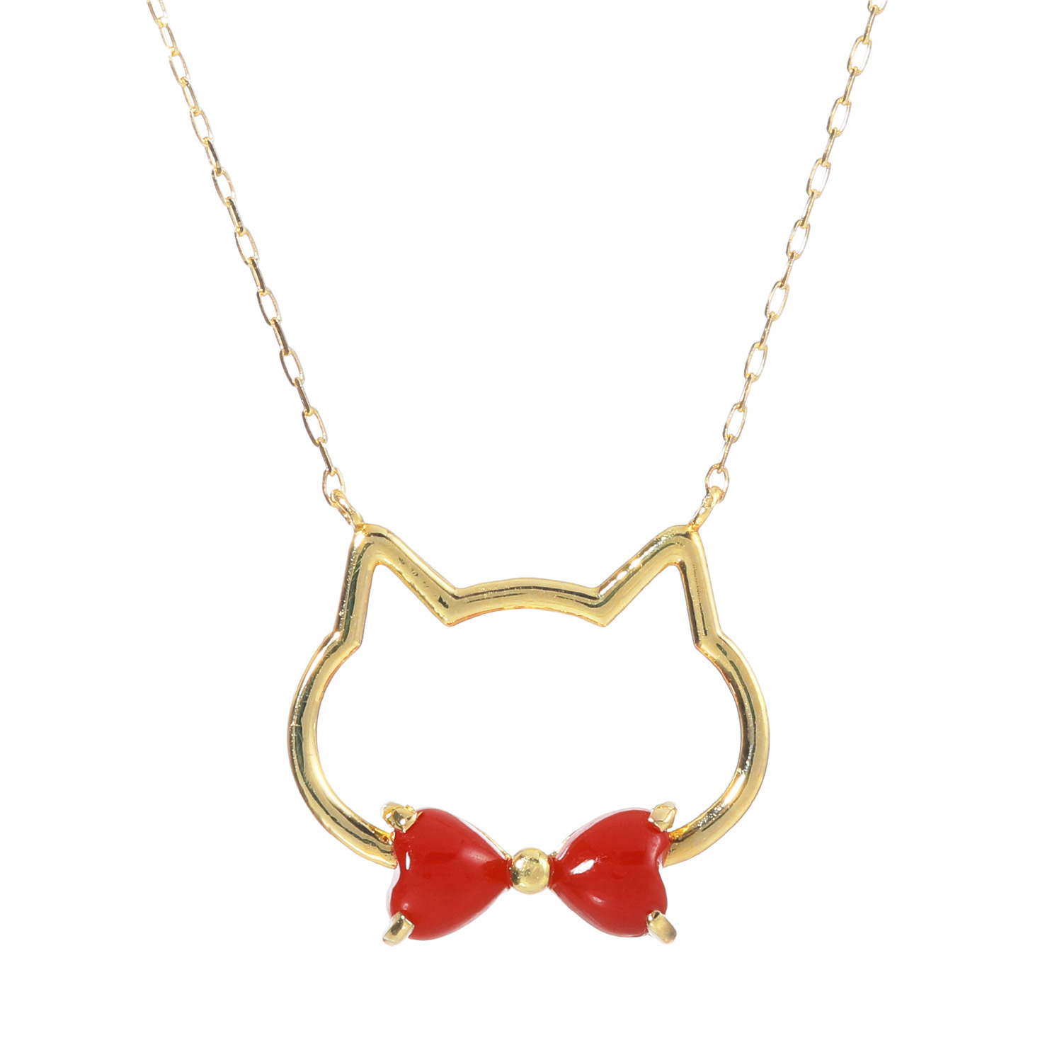 香瑚 １８Ｋ 高知県産血赤珊瑚 猫モティーフ ネックレス