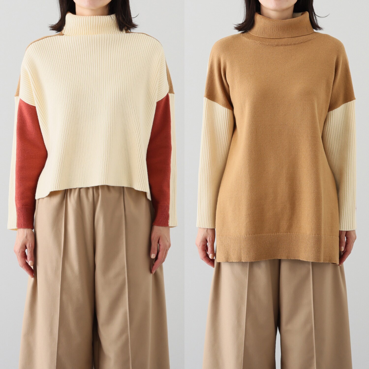 ウノ・ウノ・ドゥーエ コーディネイトを華やかに ブロック配色 両Ａ面ハイネック ニットプルオーバー