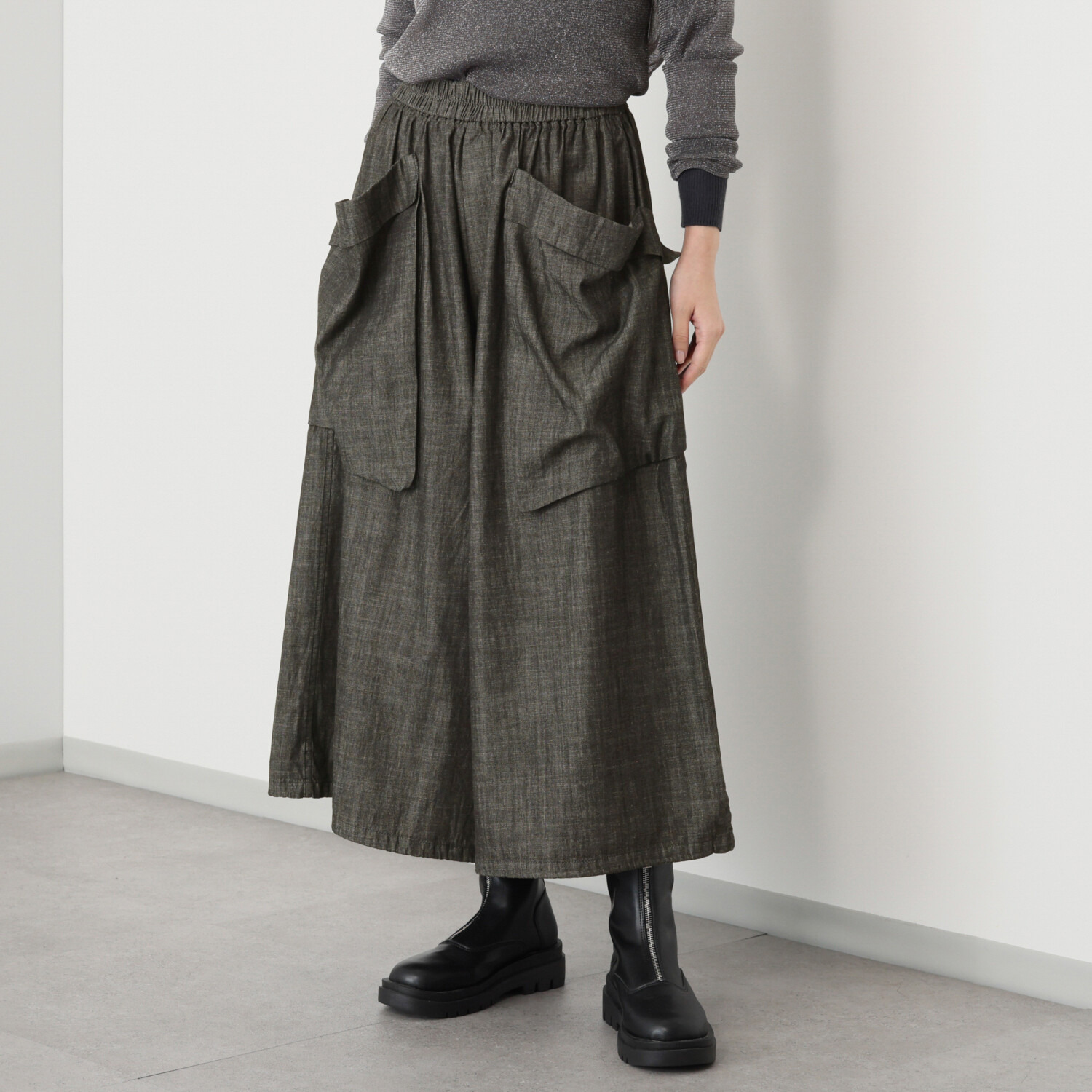 ベルデニム ウォッシュ加工入り ワイドシルエット デザインデニムパンツ