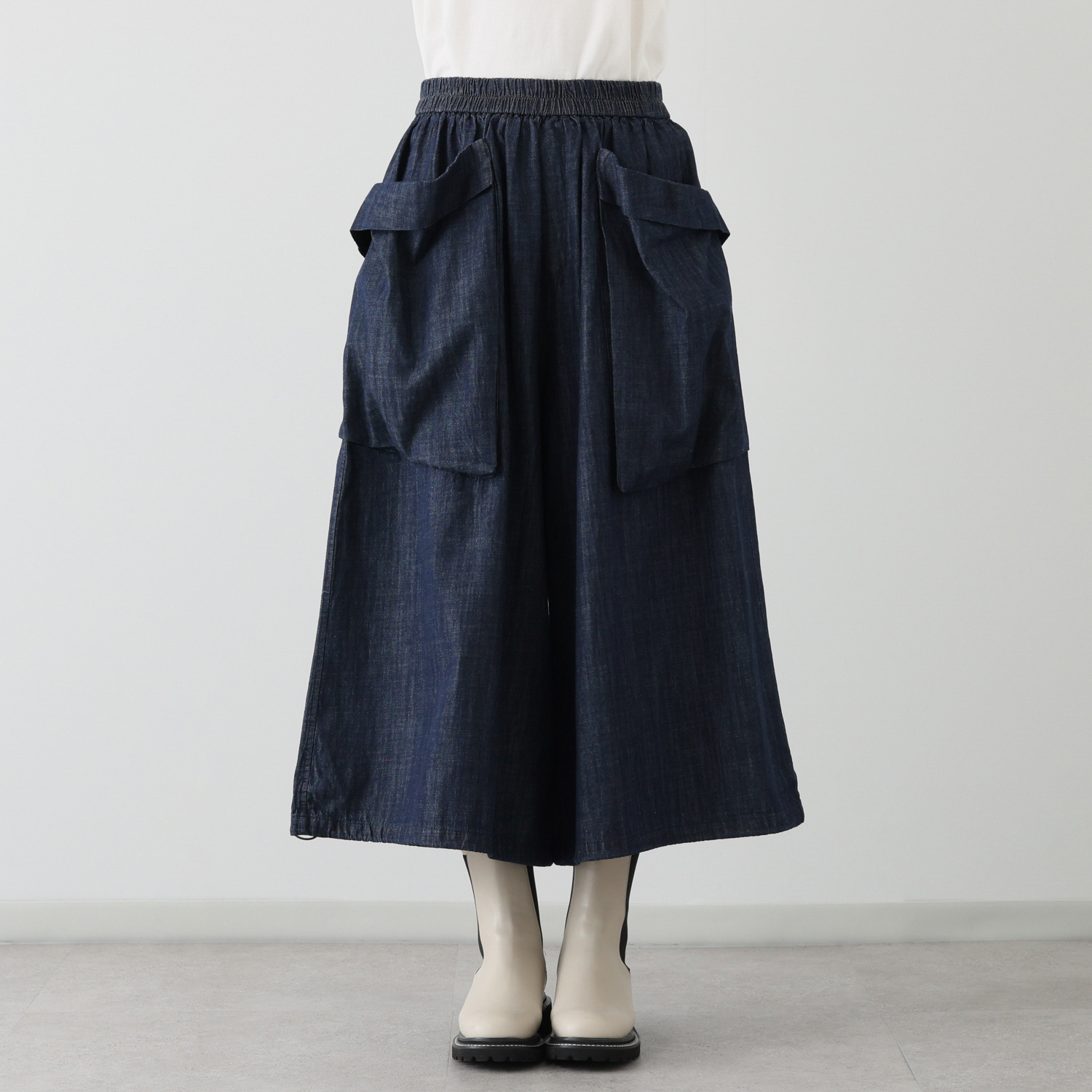 ベルデニム ウォッシュ加工入り ワイドシルエット デザインデニムパンツ