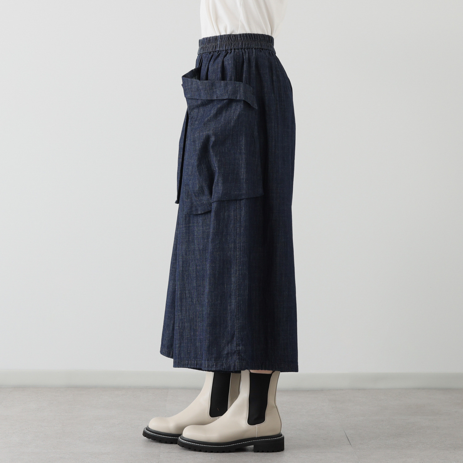 ベルデニム ウォッシュ加工入り ワイドシルエット デザインデニムパンツ