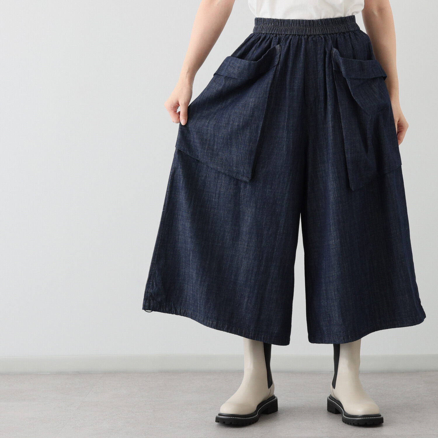 ベルデニム ウォッシュ加工入り ワイドシルエット デザインデニムパンツ