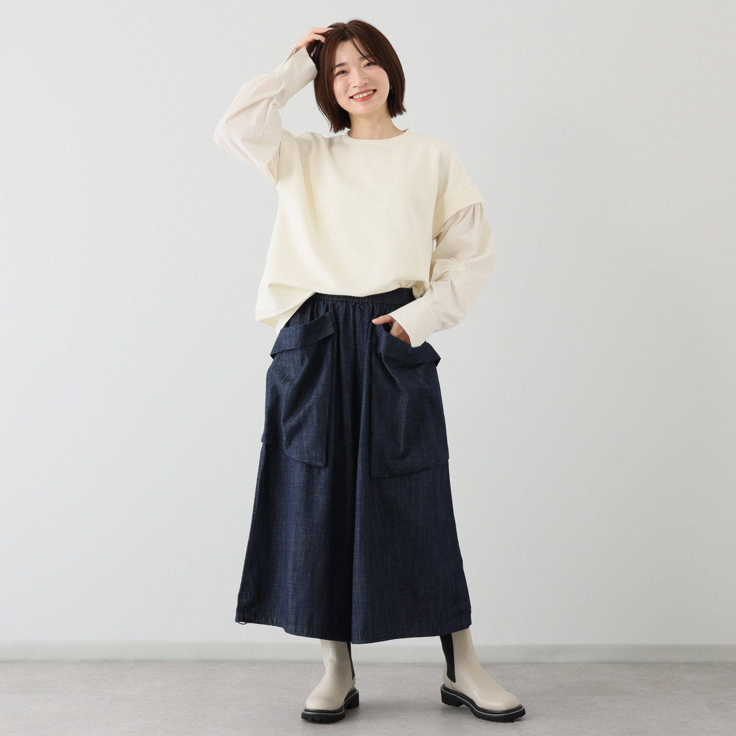 ベルデニム ウォッシュ加工入り ワイドシルエット デザインデニムパンツ