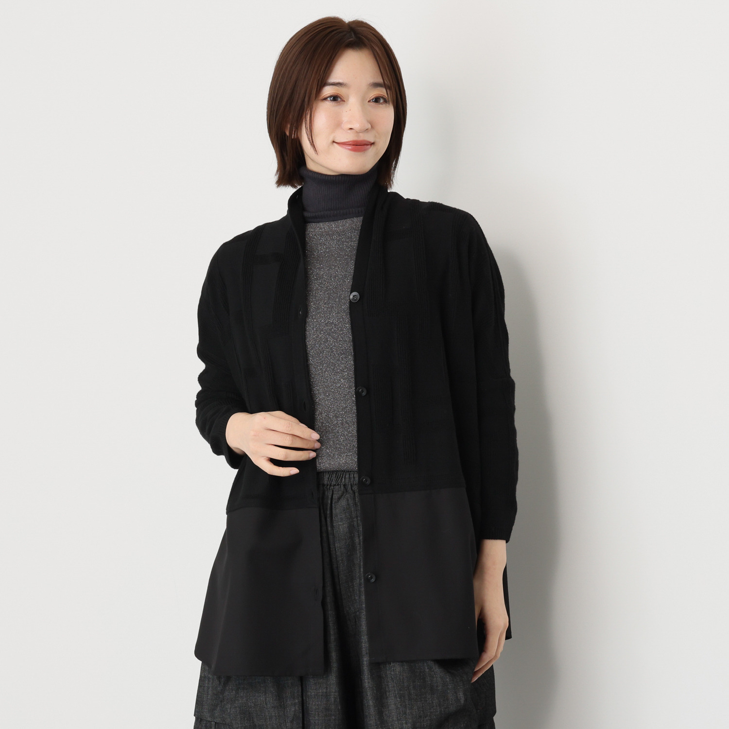 ヨシヨシ バイ　ピージェイ オーバーサイズシルエット 異素材切替 デザインカーディガン