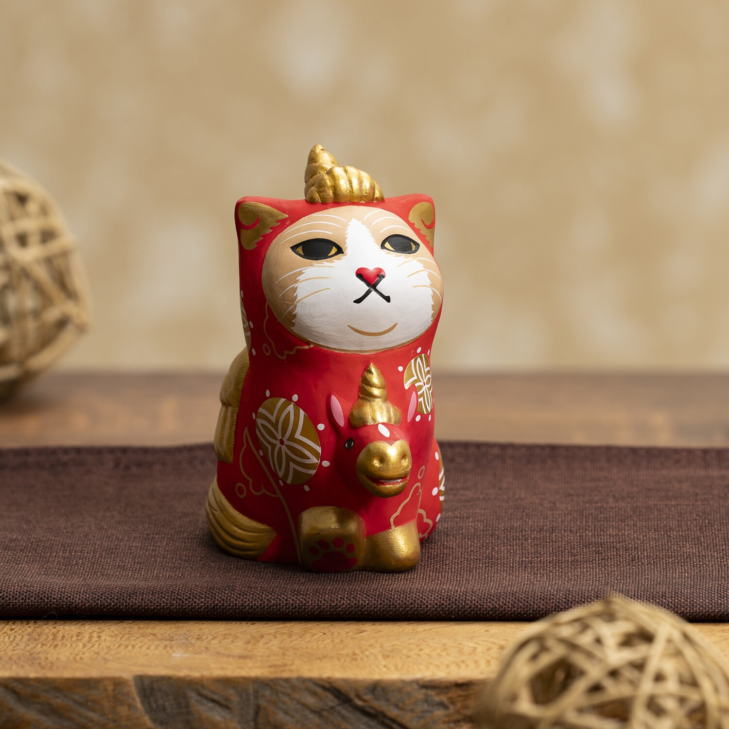 たまふり屋 木彫り像 みんなのカオデカクン 天馬猫 紅白セット