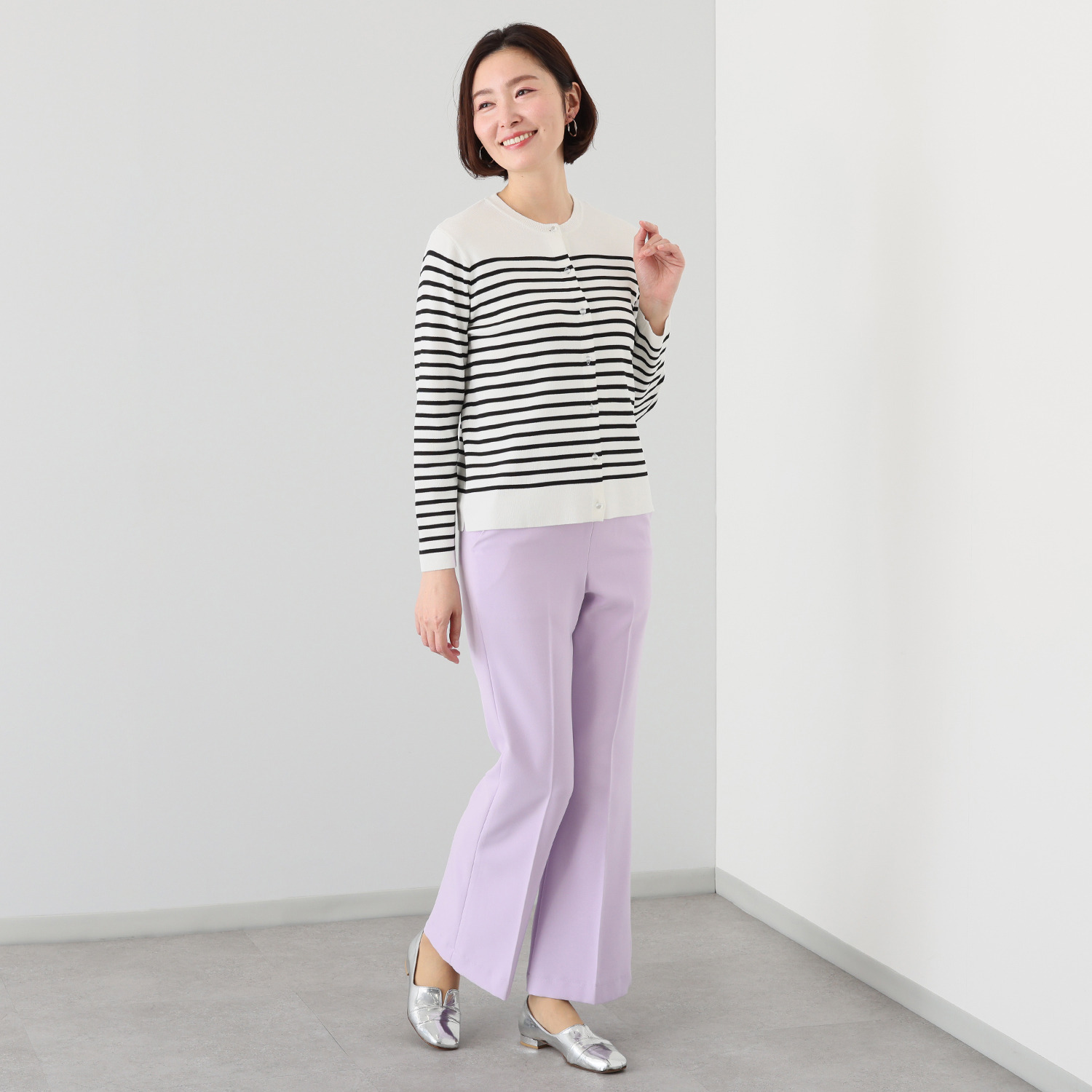 ルクオーレ きれい見え 総針編 ボタンアクセント ニットカーディガン