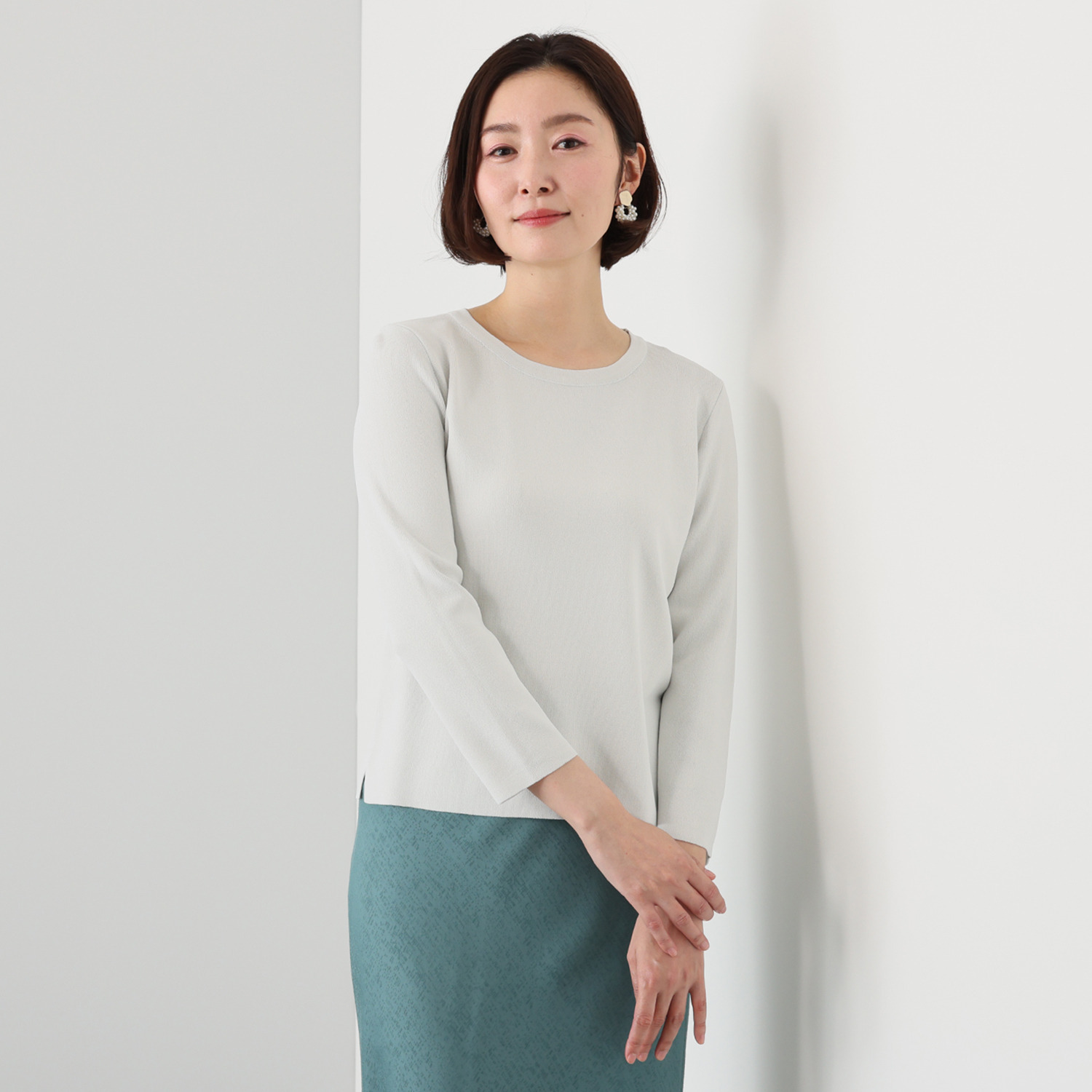 ルクオーレ きれい見え 総針編 九分袖 ニットプルオーバー