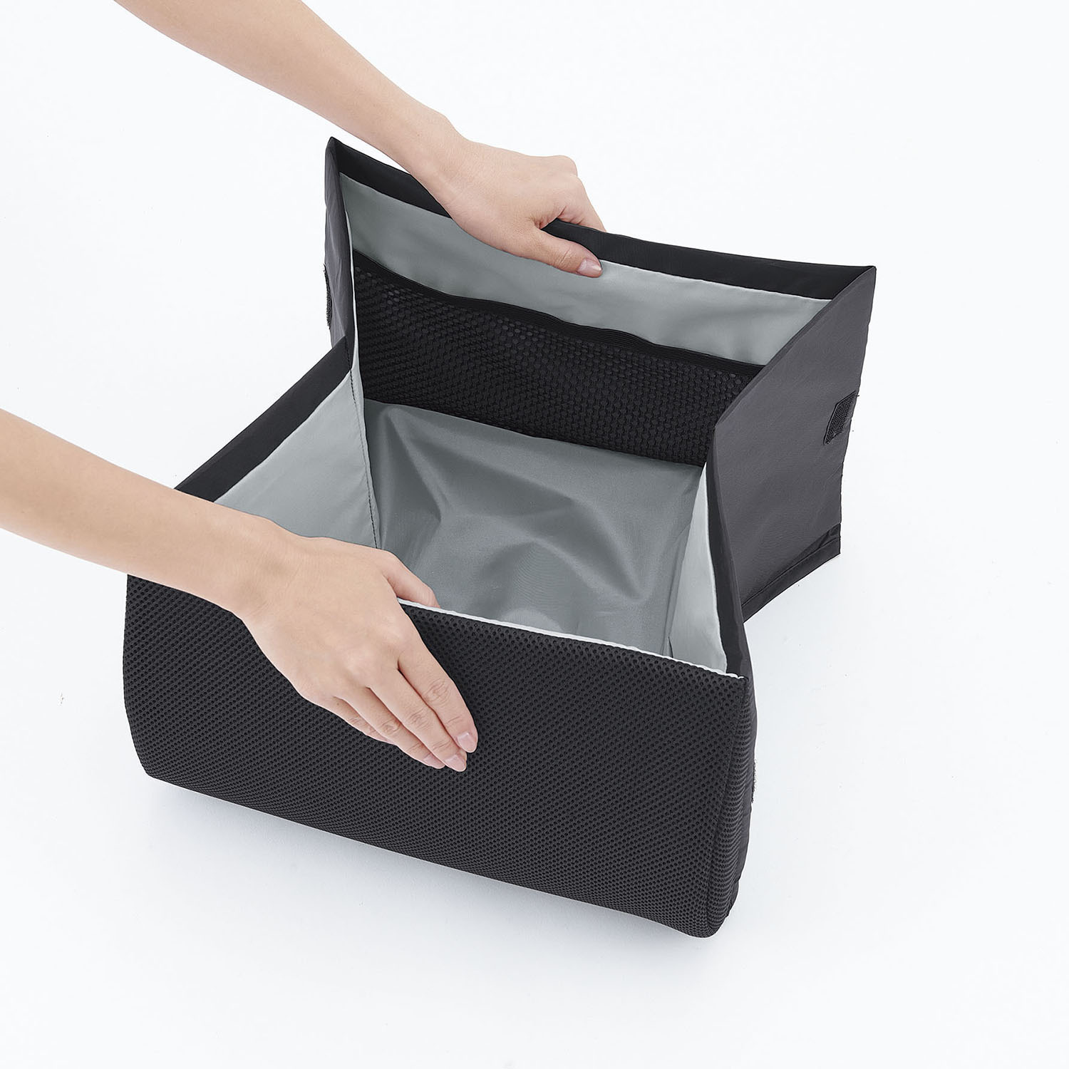 たたんで腰クッション！ 広げて収納ボックスに！ 荷物の転落防止！ シートボックス 腰クッション