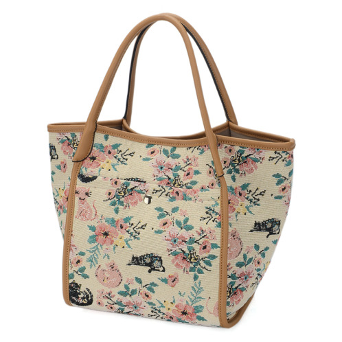 ラルジュ レトロ猫＆フラワー柄 ゴブラントートバッグ