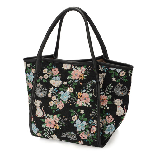 ラルジュ レトロ猫＆フラワー柄 ゴブラントートバッグ