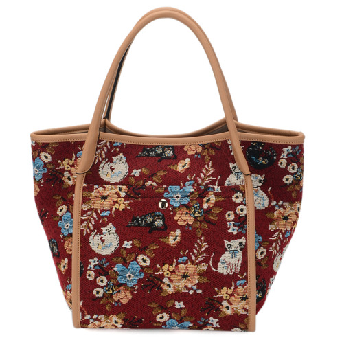 ラルジュ レトロ猫＆フラワー柄 ゴブラントートバッグ