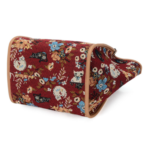 ラルジュ レトロ猫＆フラワー柄 ゴブラントートバッグ