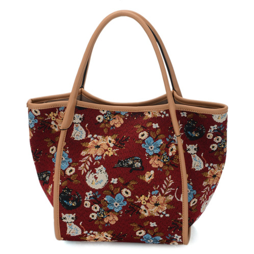 ラルジュ レトロ猫＆フラワー柄 ゴブラントートバッグ