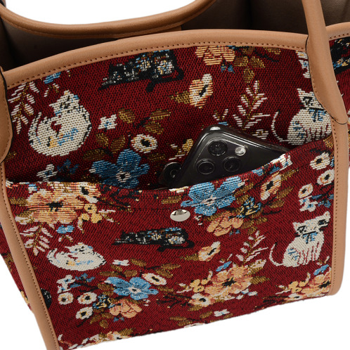 ラルジュ レトロ猫＆フラワー柄 ゴブラントートバッグ