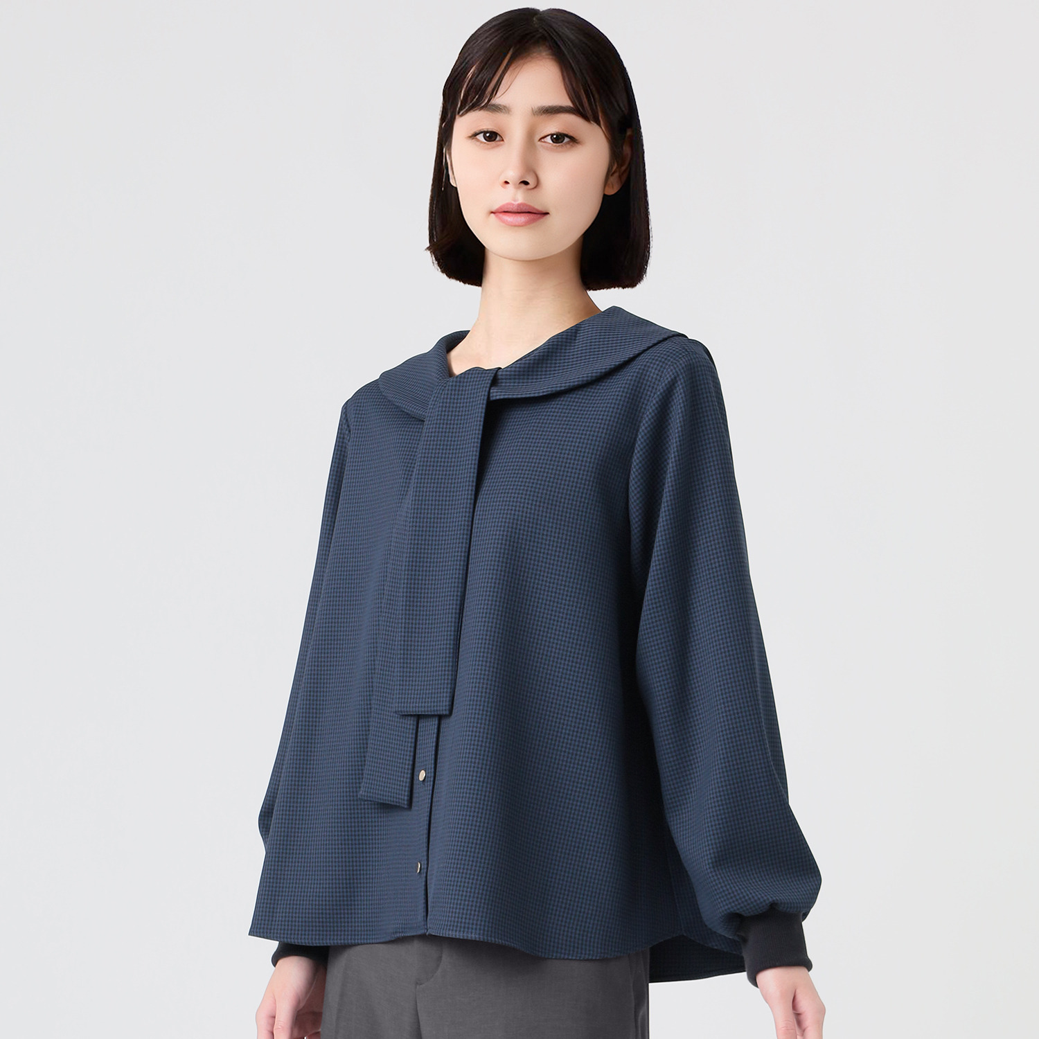 イフェメル／ ダブルフェーストーキョー 日本製 ガンクラブチェック ボウタイブラウス