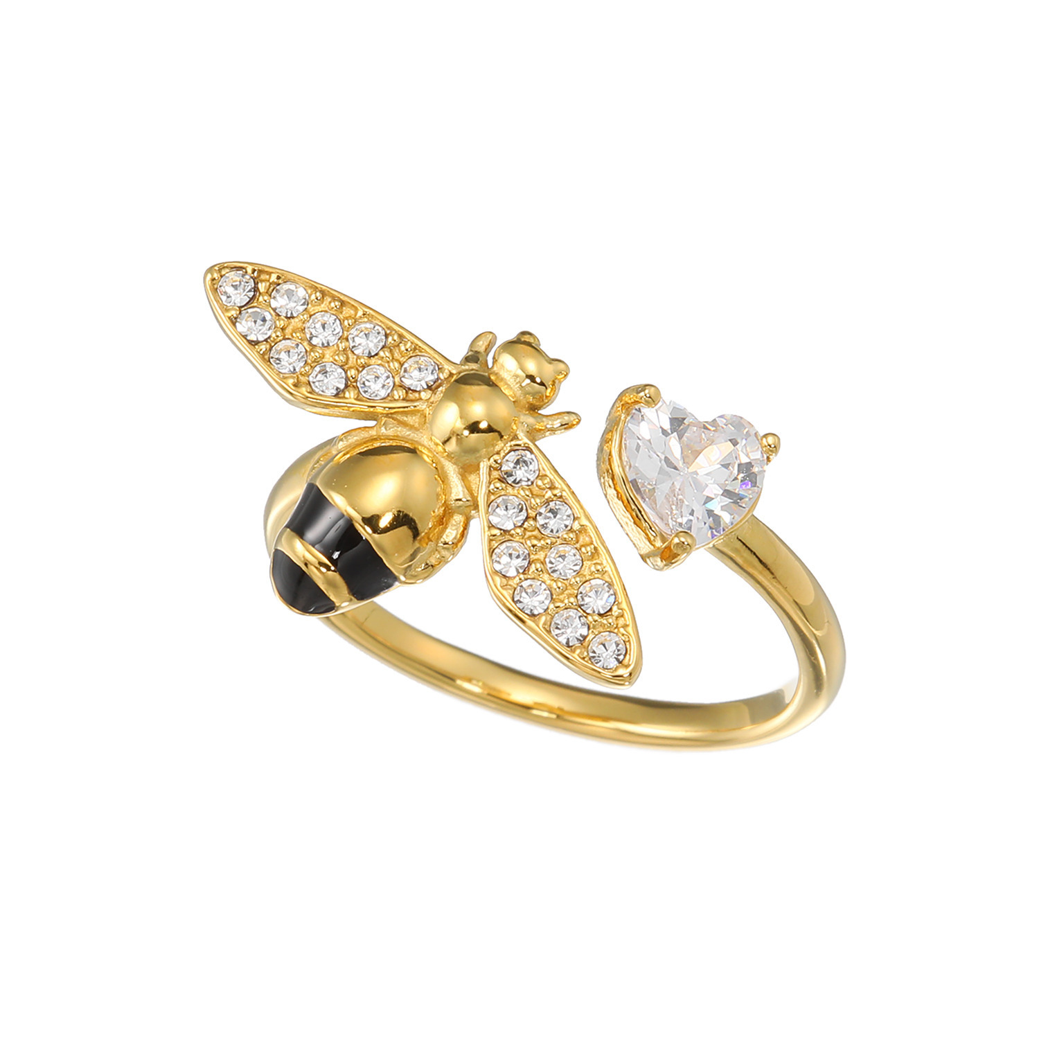 キラレ ステンレス クリスタルガラス＆ エナメル ミツバチモティーフ ハートＣＺフォークリング