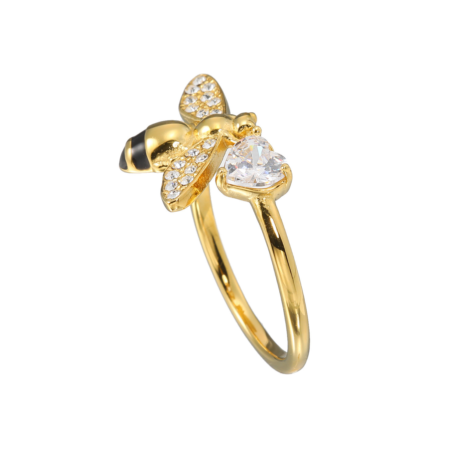 キラレ ステンレス クリスタルガラス＆ エナメル ミツバチモティーフ ハートＣＺフォークリング