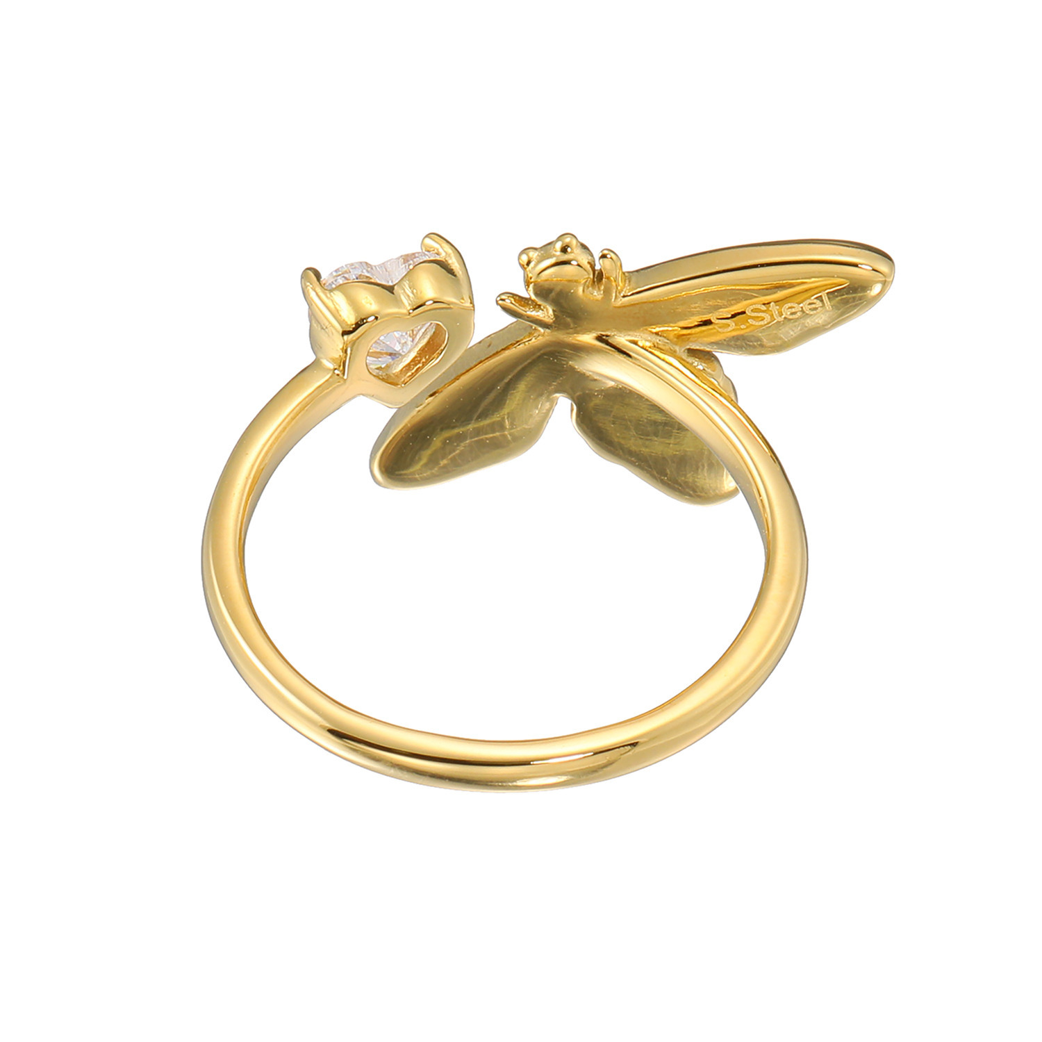 キラレ ステンレス クリスタルガラス＆ エナメル ミツバチモティーフ ハートＣＺフォークリング