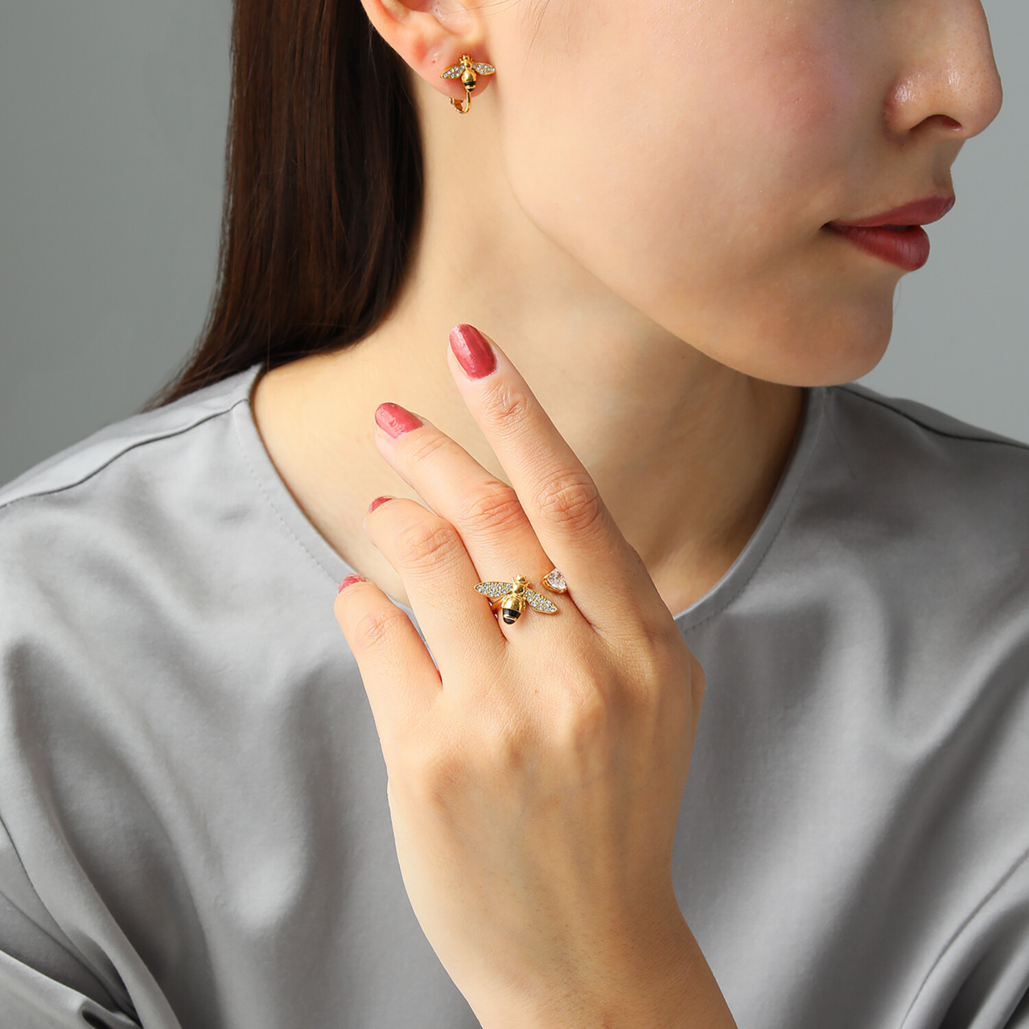 キラレ ステンレス クリスタルガラス＆ エナメル ミツバチモティーフ ハートＣＺフォークリング