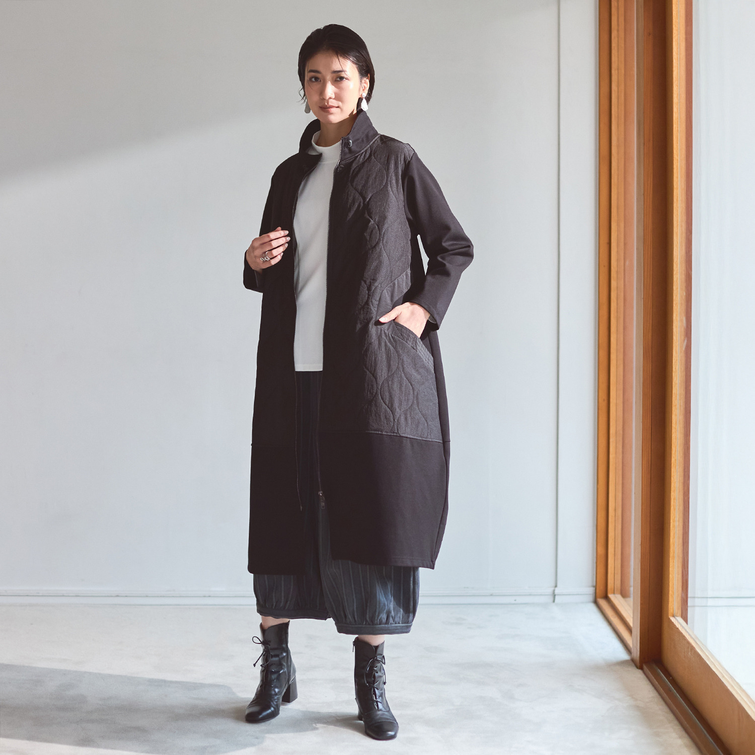 ベルポニー 異素材切替 カジュアルモード デザインロングコート