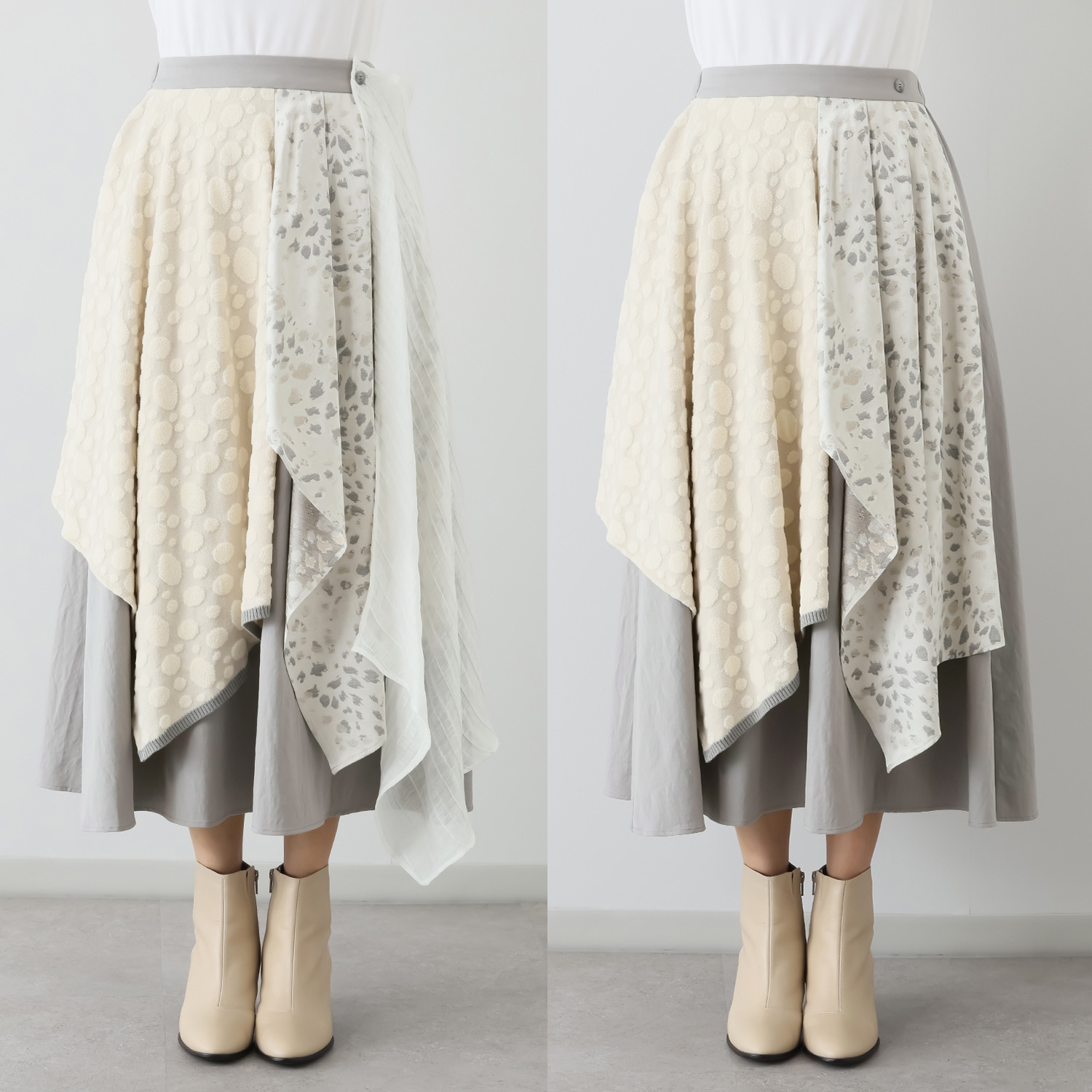 ヨシヨシ バイ　ピージェイ 異素材切替 Ａラインシルエット デザインフリルスカート