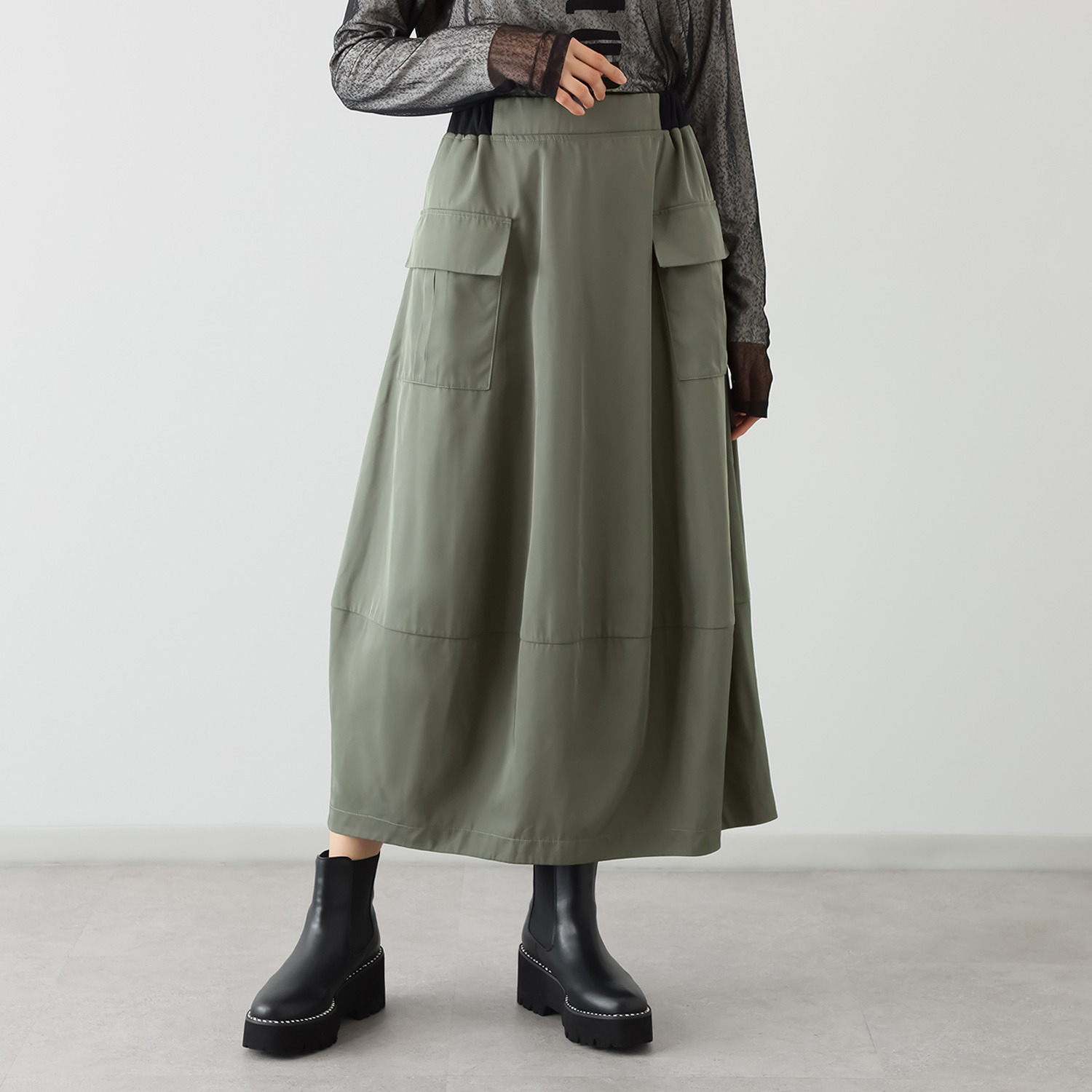 オン　ザ　エッジ バレルシルエットが新しい 大人テイストが光る ワークポケット ロングスカート