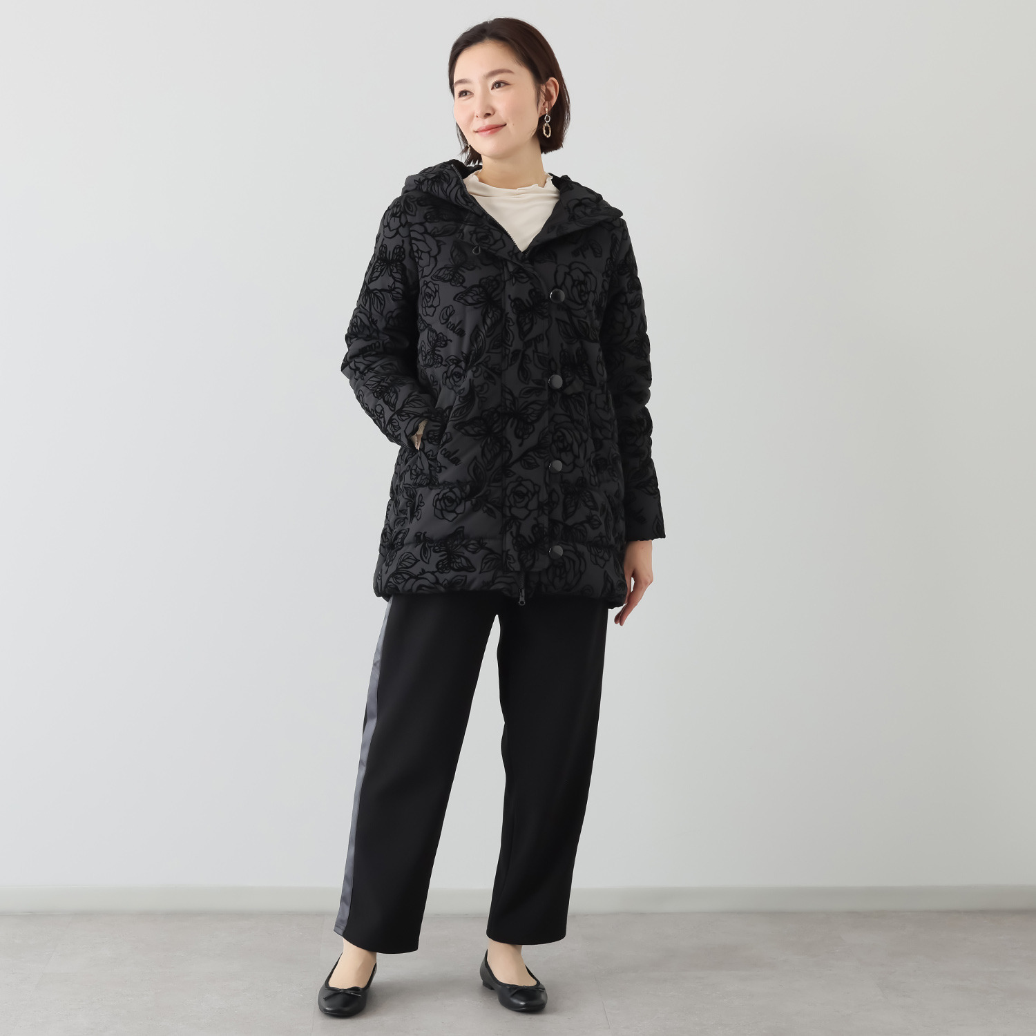 スカラー 花柄フロッキープリント 中綿ブルゾン