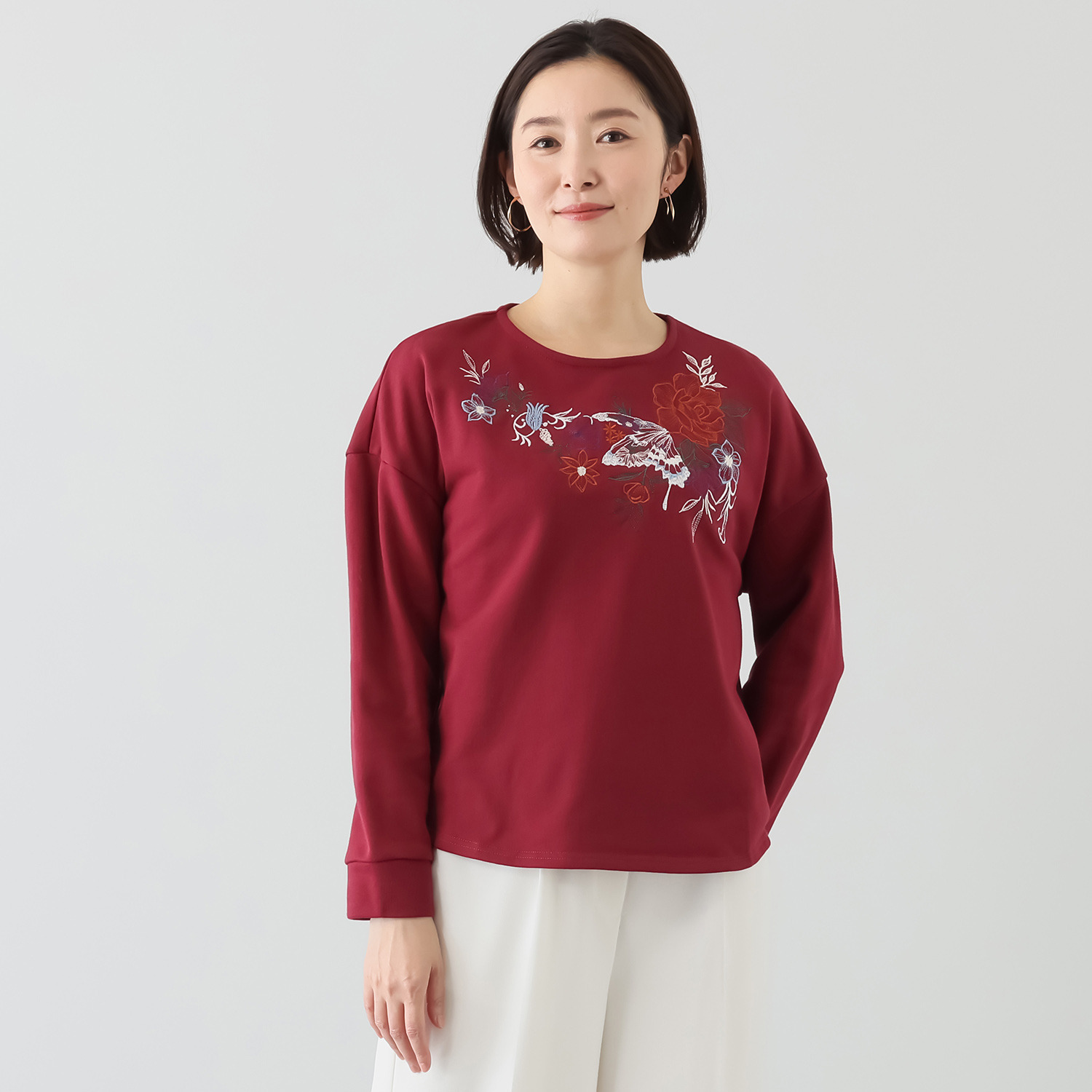 スカラー 花蝶刺しゅう 水玉切替 裏毛プルオーバー