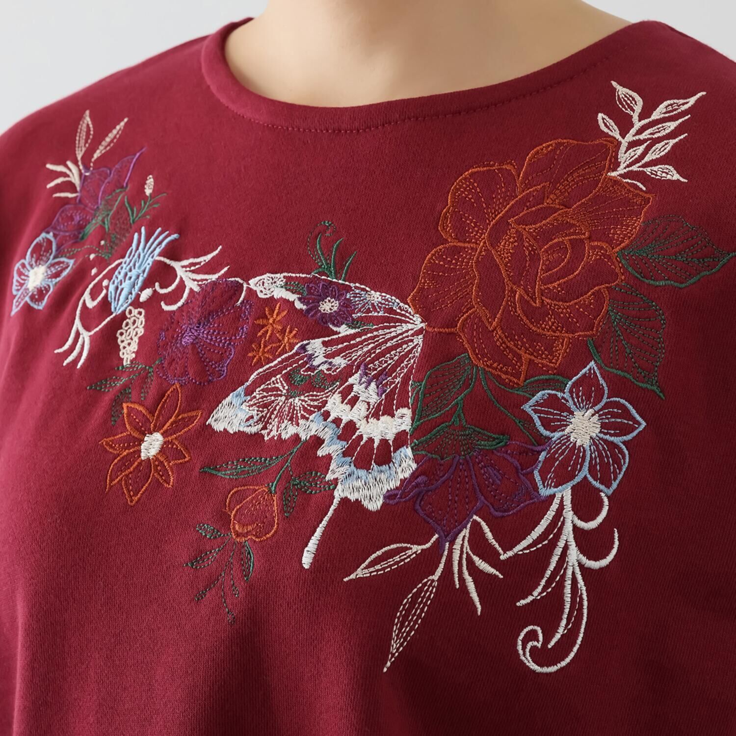 スカラー 花蝶刺しゅう 水玉切替 裏毛プルオーバー