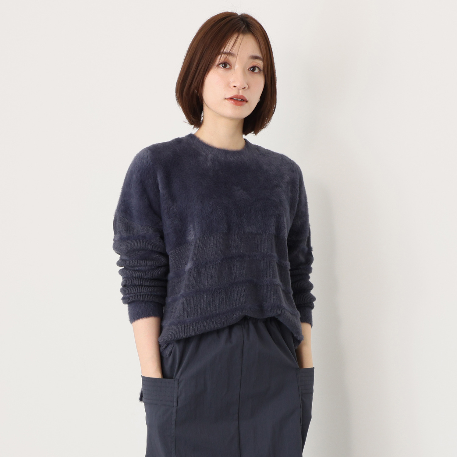 リラリー ボーダー編柄 シャギーニット プルオーバー