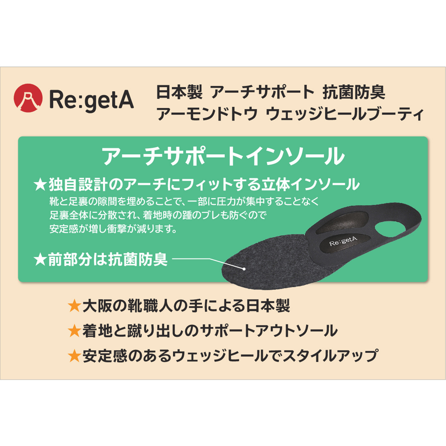 リゲッタ 日本製 アーチサポート アーモンドトゥ ウェッジヒールブーティ