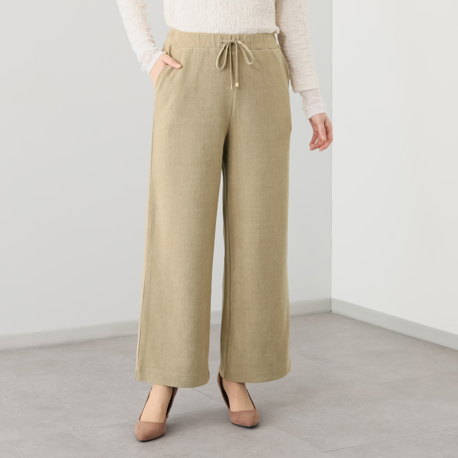 アトリエール メランジ調ニット ドローストリング付 ワイドパンツ