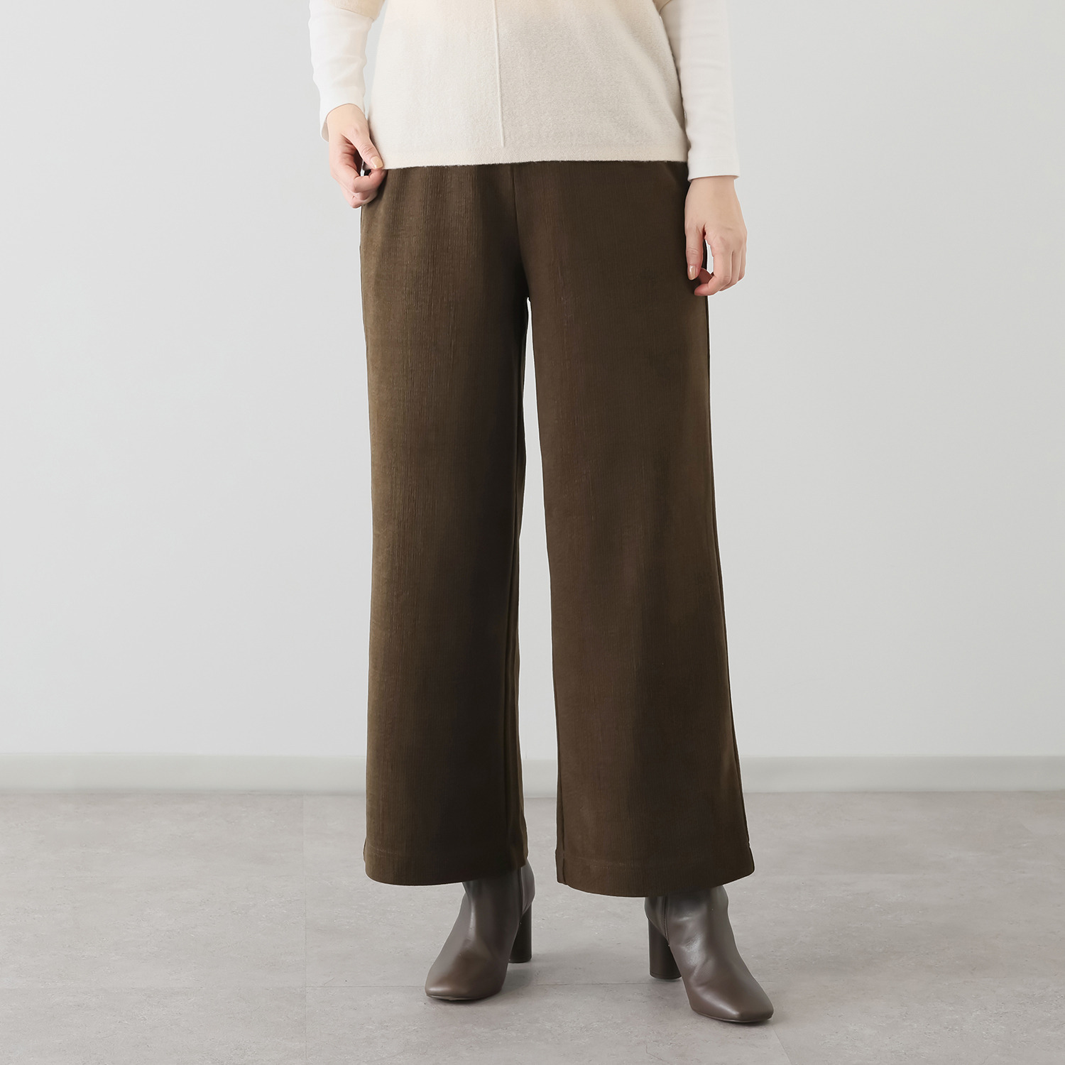 アトリエール メランジ調ニット ドローストリング付 ワイドパンツ